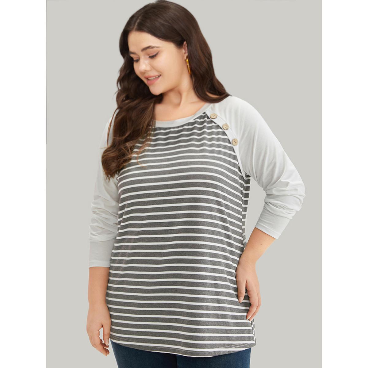 Plus Size Striped Patchwork Button Detail Raglan Sleeve T-shirt Gray Women Casual Patchwork Striped Round Neck Dailywear T-shirts BloomChic 12/L Product Image