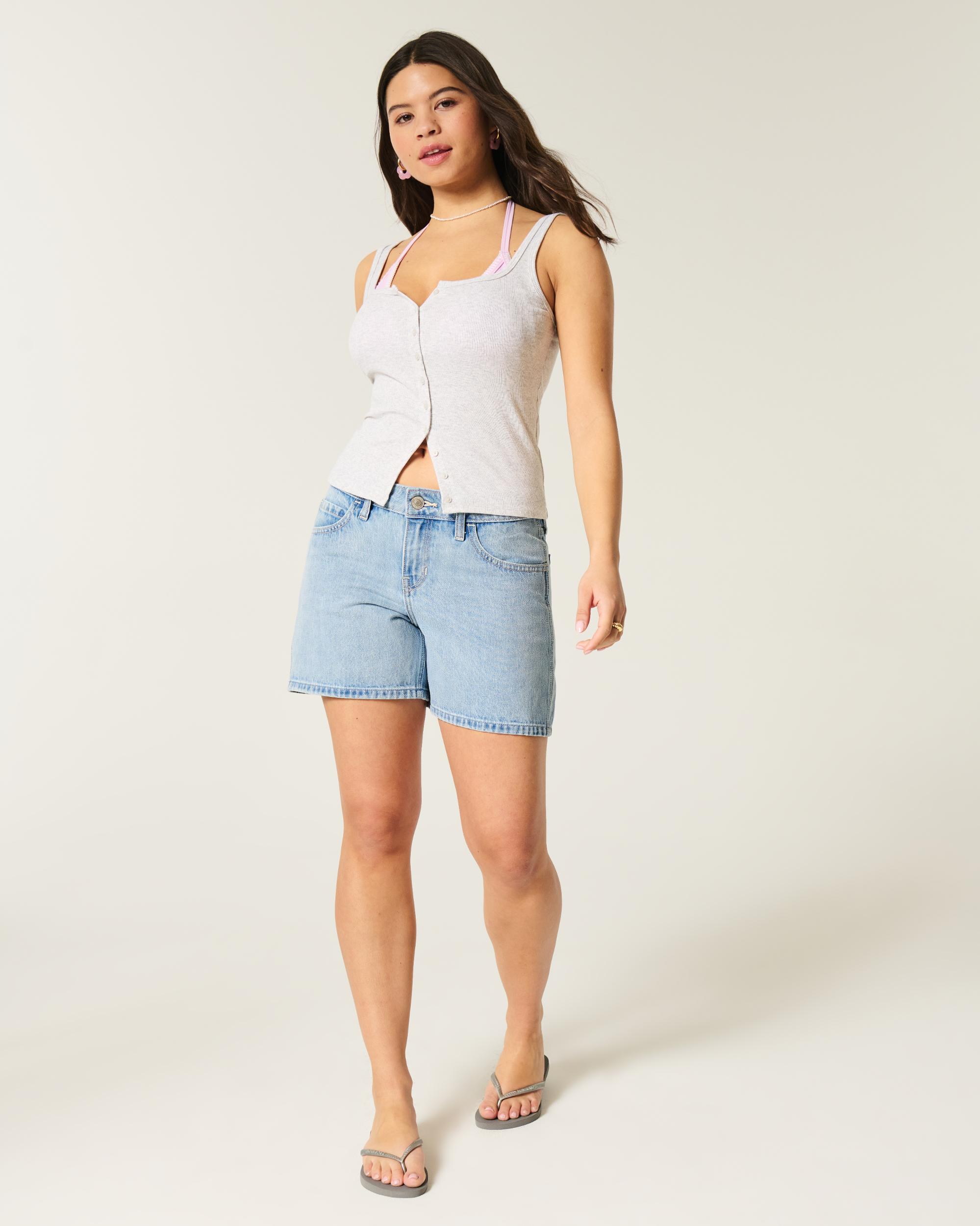 Low-Rise Dark Wash Baggy Denim Shorts 5" Product Image
