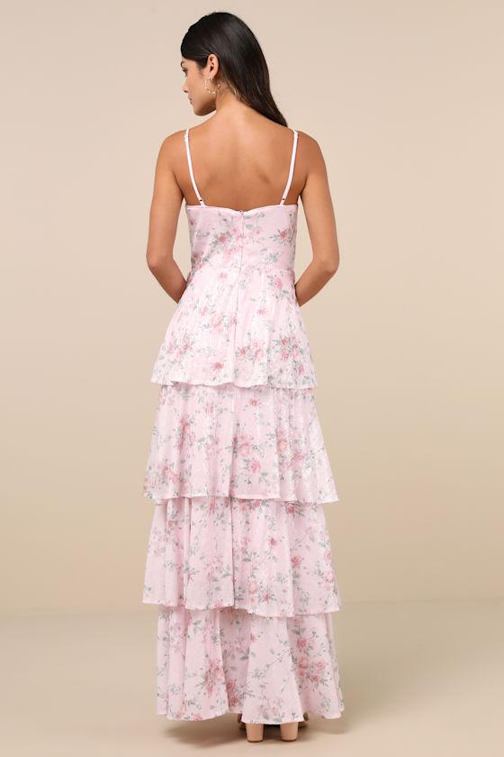 Flourishing Shine Light Pink Floral Sequin Tiered Maxi Dress Product Image