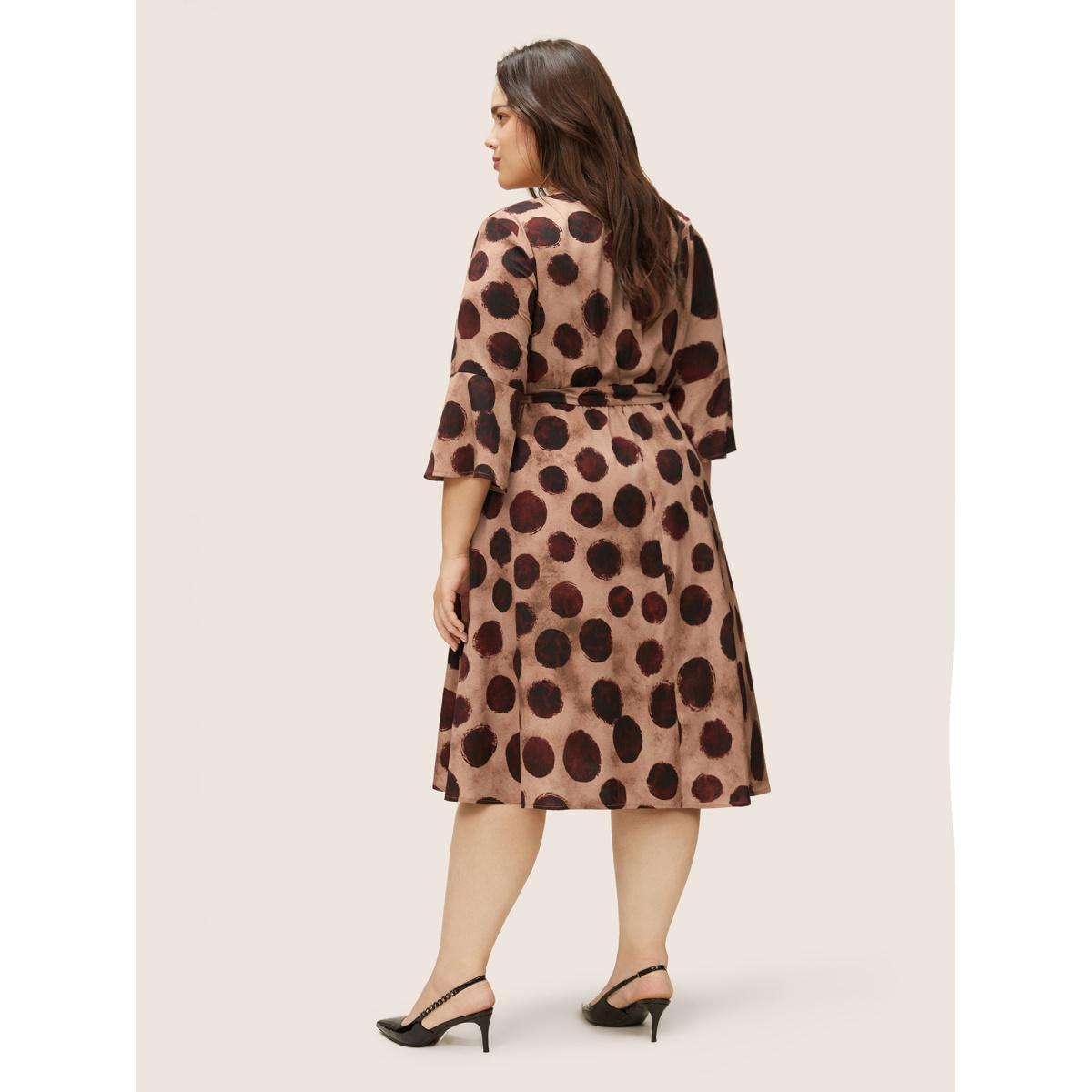 Plus Size Geometric Notched Bell Sleeve Belted Dress Russet Women At the Office Non Notched collar Elbow-length sleeve Curvy Midi Dress BloomChic 22-24/3X Product Image