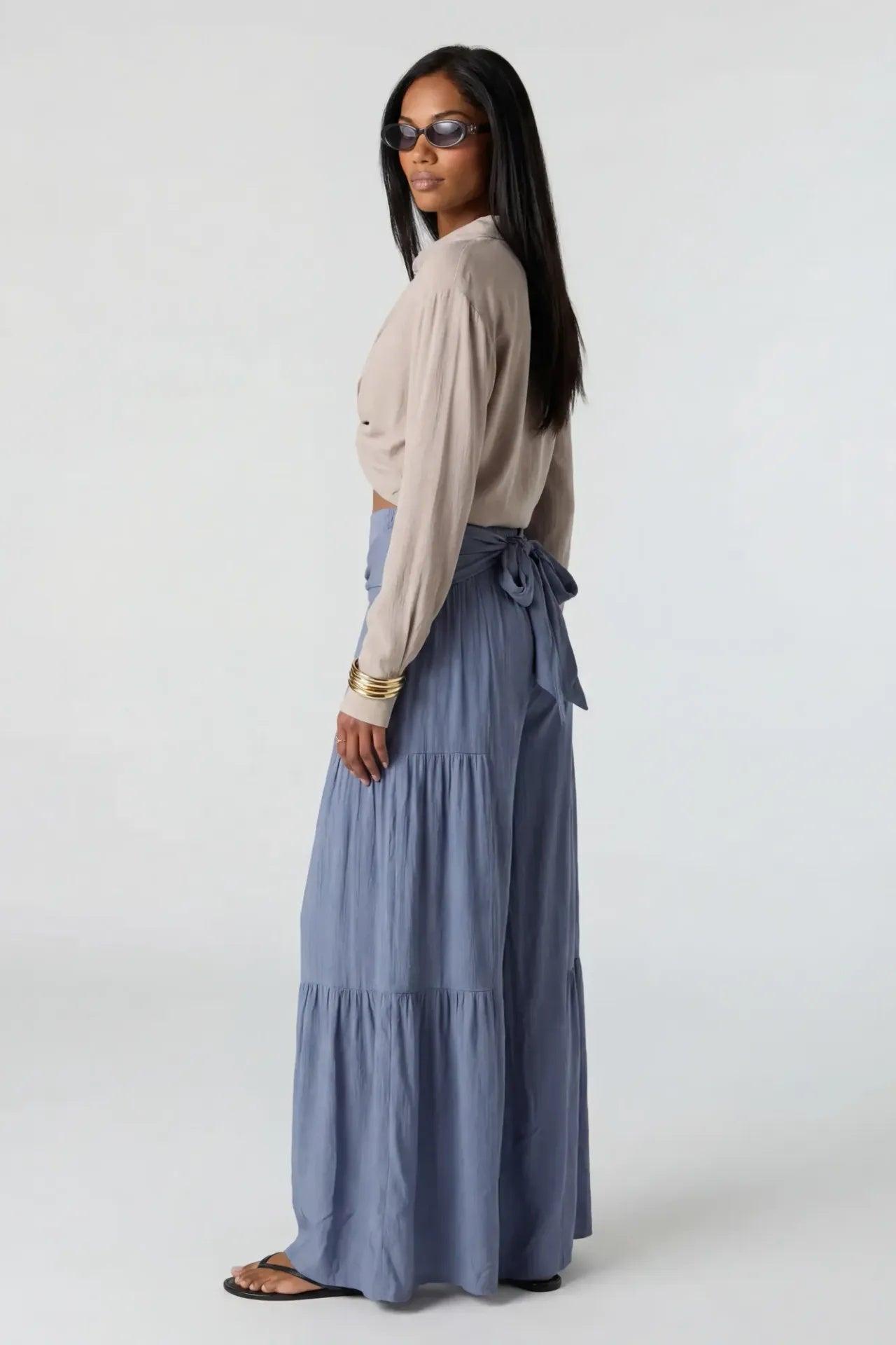 Tie Waist Tiered Palazzo Pant Female Product Image