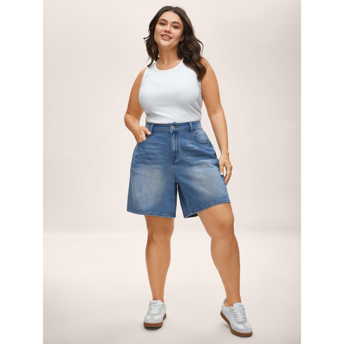 Plus Size Whiskered Wash Wide-Leg Denim Shorts Women Denimlightblue No stretch Casual Slanted pocket Leisure Denim Shorts BloomChic 22/3X Product Image