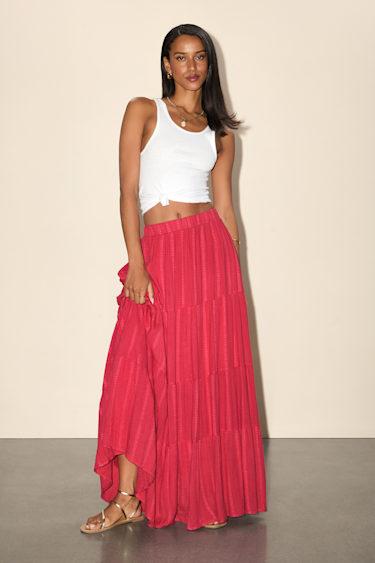 Sunset by the Sea Coral Red Embroidered Tiered Maxi Skirt Product Image