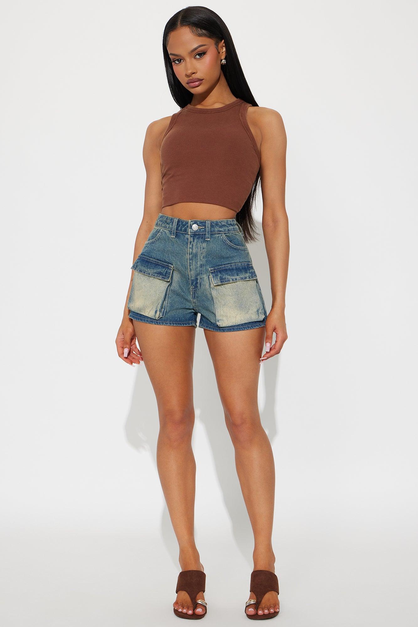 So Ironic Non Stretch Cargo Denim Shorts - Medium Wash Product Image