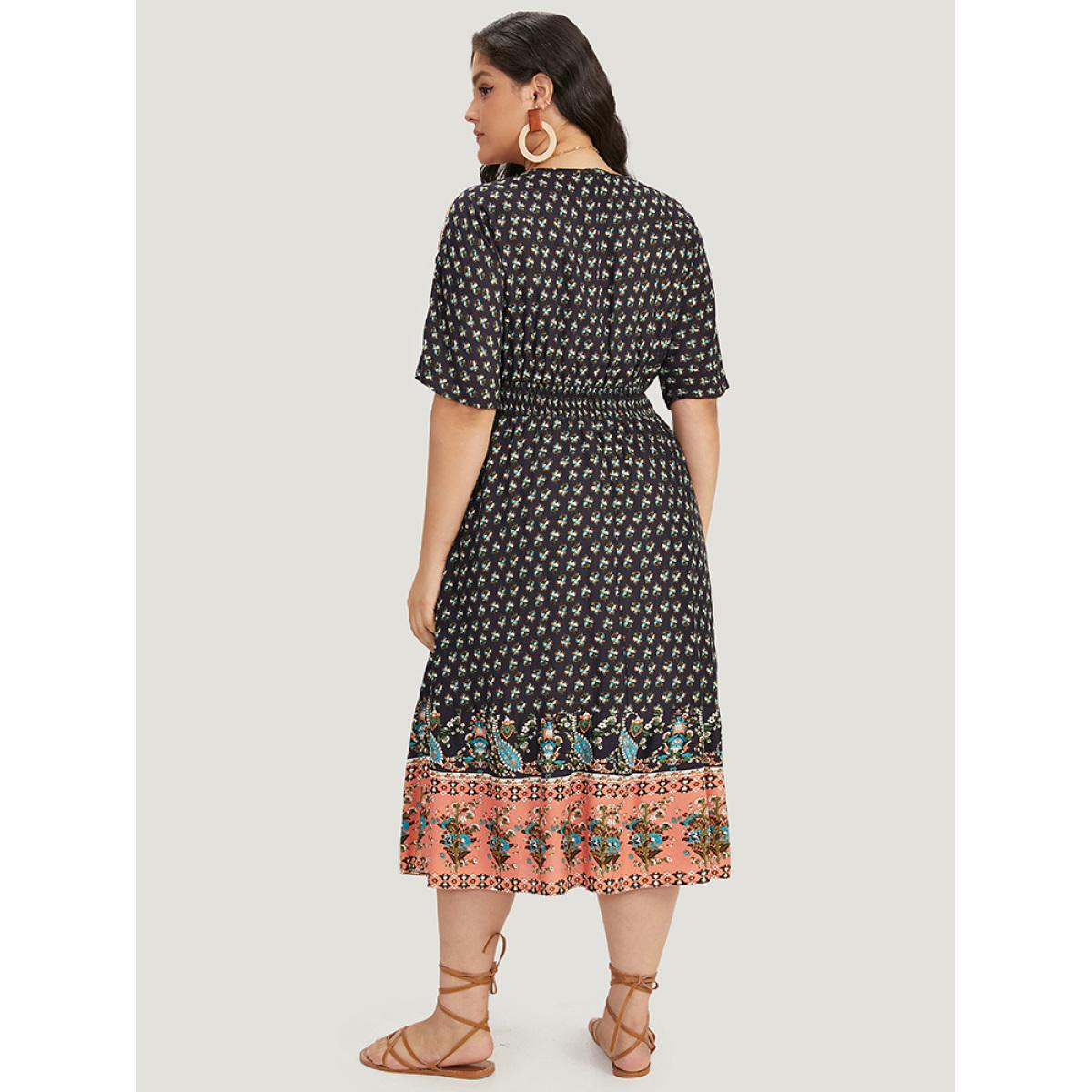 Plus Size Bandana Print Wrap Shirred Batwing Sleeve Dress DarkBlue Women Vacation Printed V-neck Short sleeve Curvy Midi Dress BloomChic 10/M Product Image