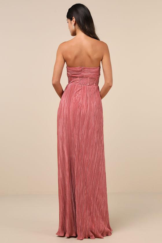 Desme Rose Pink Satin Plisse Strapless Maxi Dress Product Image