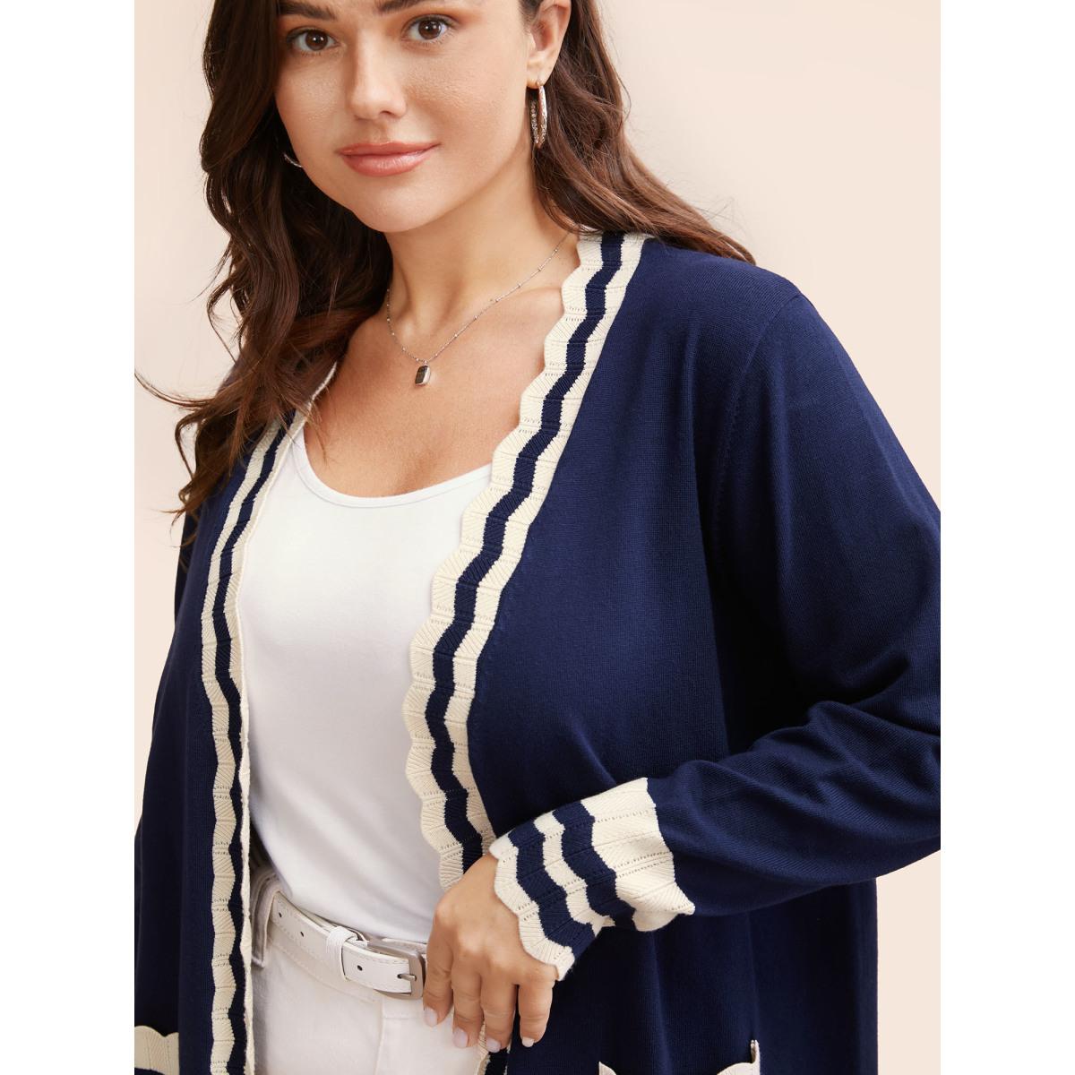 Plus Size Supersoft Essentials Scalloped Trim Contrast Cardigan Indigo Women Leisure Loose Long Sleeve Casual Cardigans BloomChic 12/L Product Image