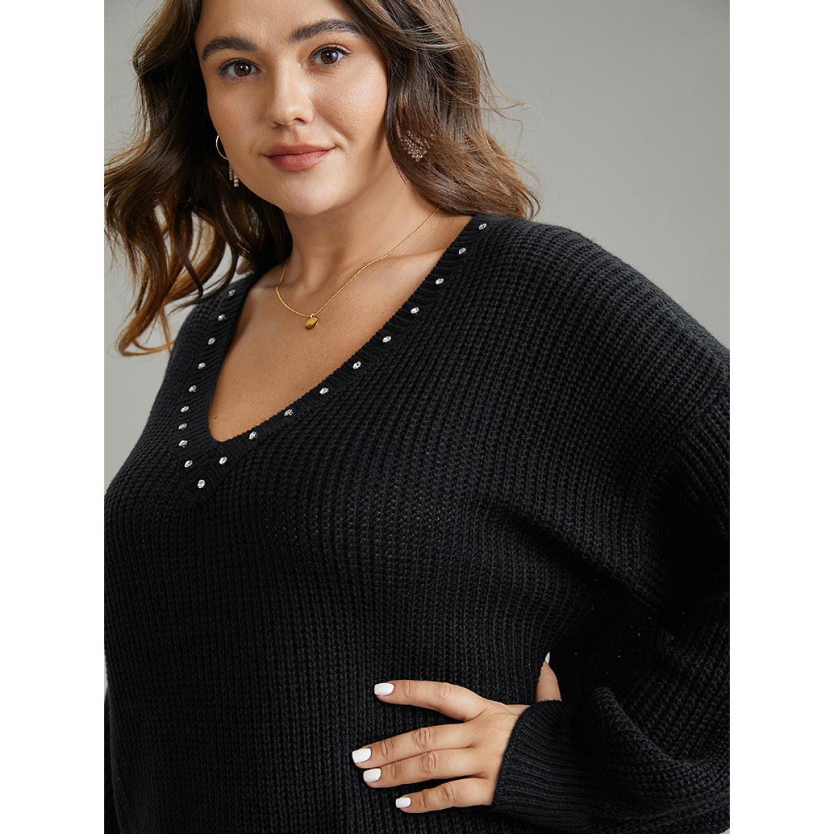 Plus Size Rhinestone V Neck Drop Shoulder Pullover Black Women Casual Loose Long Sleeve V-neck Dailywear Pullovers BloomChic 18-20/2X Product Image
