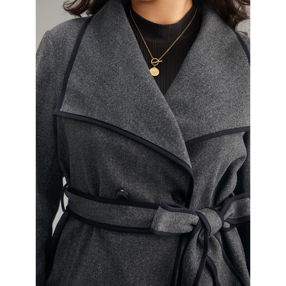 Plus Size Lapel Collar Contrast Trim Belted Button Up Coat Women DimGray Casual Belted Ladies Dailywear Winter Coats BloomChic 30/6X Product Image