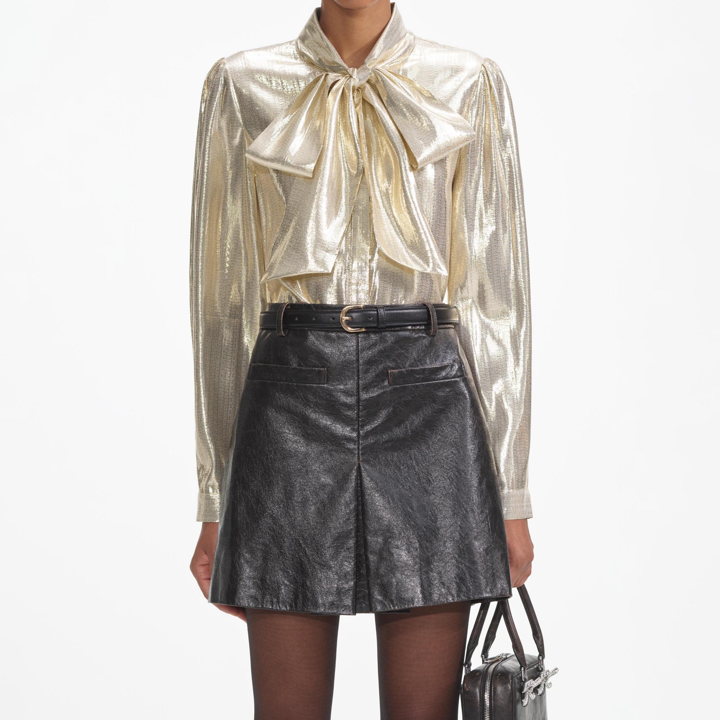 Gold Metallic Pussy Bow Blouse Product Image