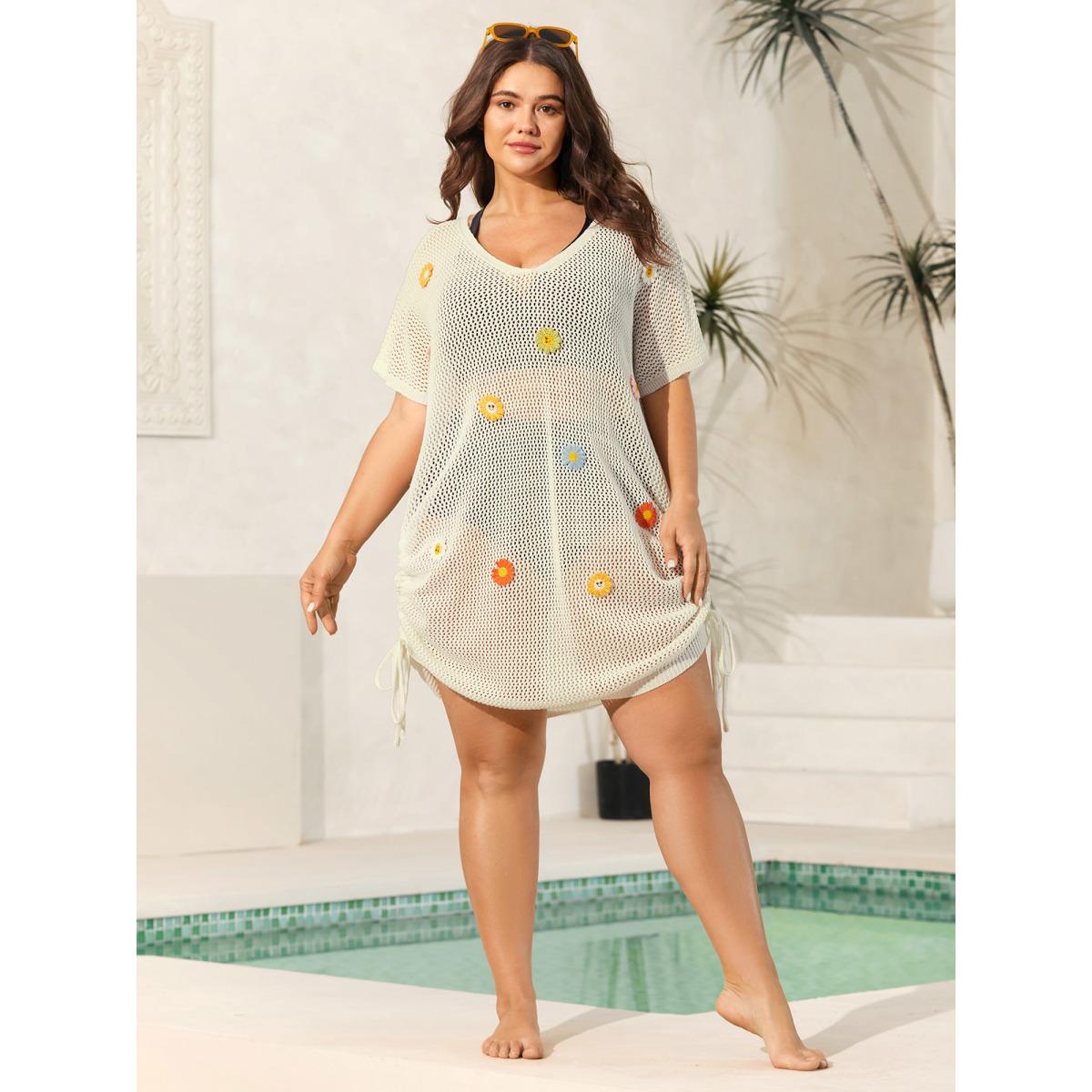 Plus Size Crochet Floral Knotted Drawstring Swim Cover-Up Women's Swimwear Originalwhite Resort Loose Texture Curve Swim Cover Ups BloomChic 14-16/1X Product Image