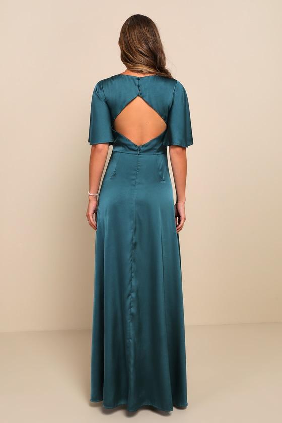Elegant Confidence Teal Satin Flutter Sleeve Cutout Maxi Dress Product Image