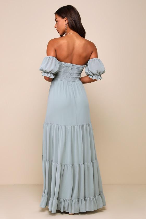 Exceptionally Gorgeous Sage Chiffon Off-the-Shoulder Maxi Dress Product Image