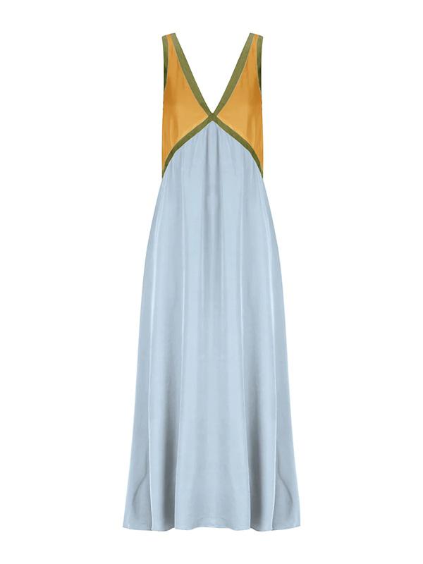 Loose Sleeveless Contrast Color Split-Joint Deep V-Neck Maxi Dresses Product Image
