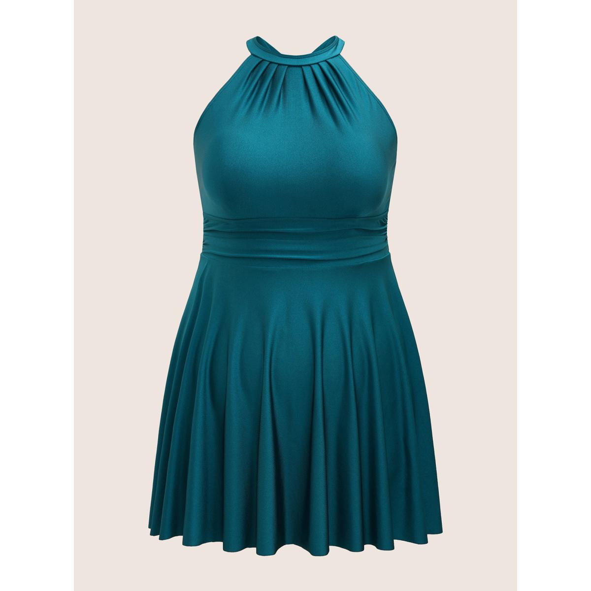 Plus Size Halter Back Crisscross Pleated Swim Dress Women's Swimwear Cyan Beach Bodycon Halter neck High stretch Curve Swim Dresses BloomChic 22-24/3X Product Image