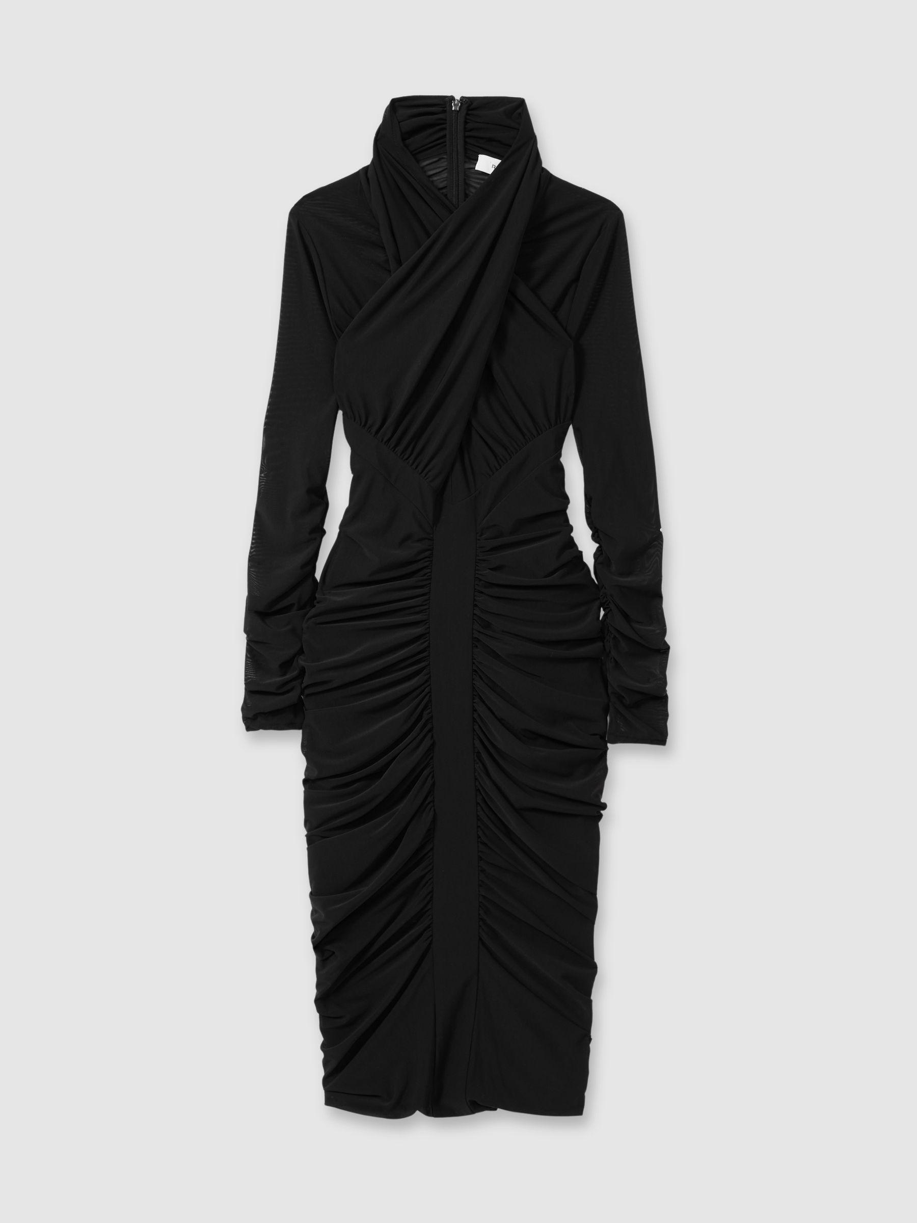 Ruched Bodycon Midi Dress in Black Product Image
