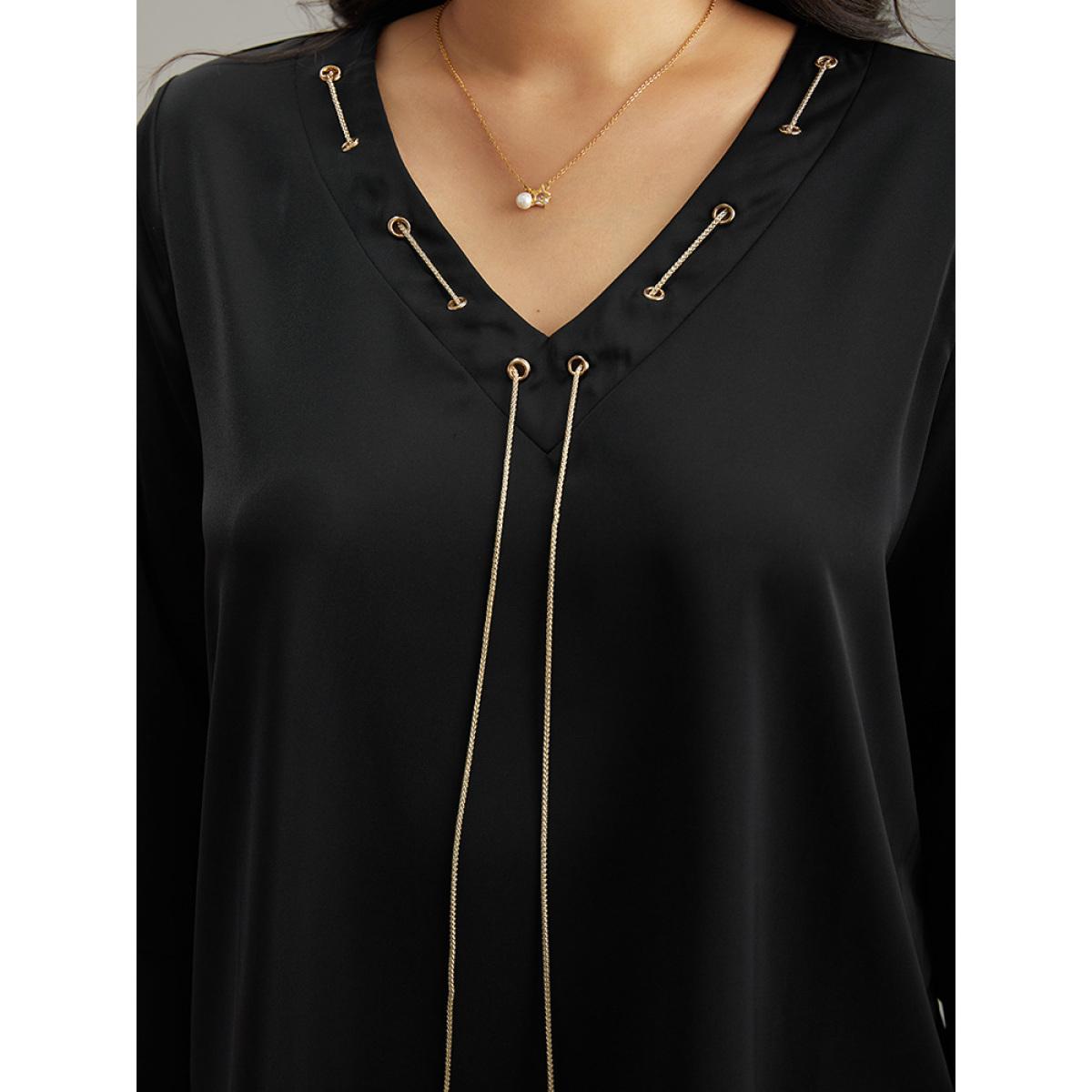 Plus Size Black Contrast Chain Bell Sleeve Eyelet Blouse Women Office Long Sleeve V-neck Office Blouses BloomChic 28/5X Product Image
