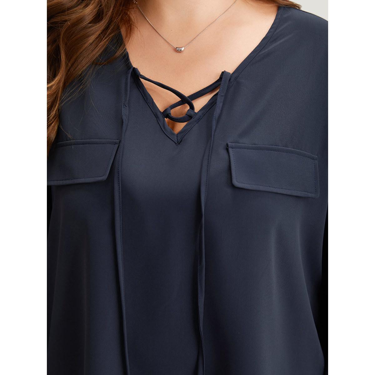 Plus Size Indigo Solid Elastic Cuffs Lace Up Blouse Women Office Long Sleeve V-neck Office Blouses BloomChic 10/M Product Image