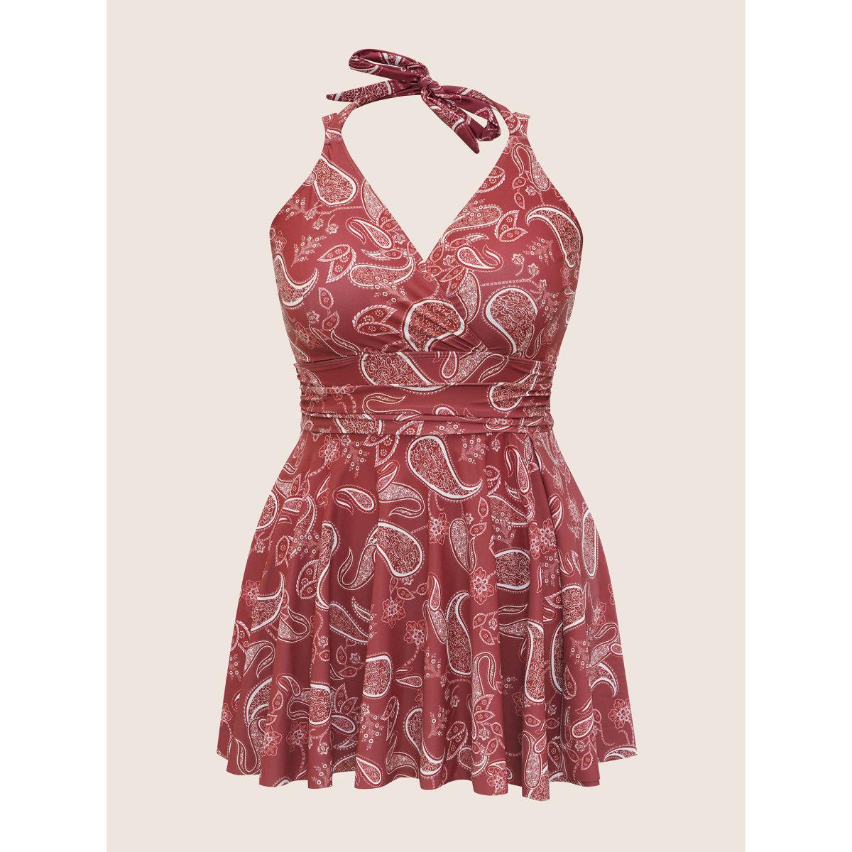 Plus Size Paisley Print Knotted Wrap Swim Dress Women's Swimwear Russet Beach Bodycon V-neck High stretch Curve Swim Dresses BloomChic 14-16/1X Product Image
