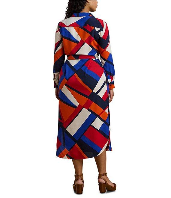 Lauren Ralph Lauren Plus Size Crepe de Chine Printed Point Collar Long Sleeve Button-Front Self-Tie Waist Midi Shirtdress Product Image