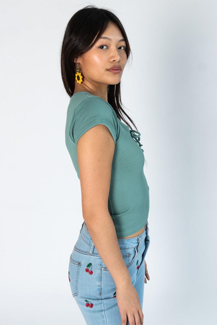 Waffle Knit Lace Up Seamless Tee Product Image