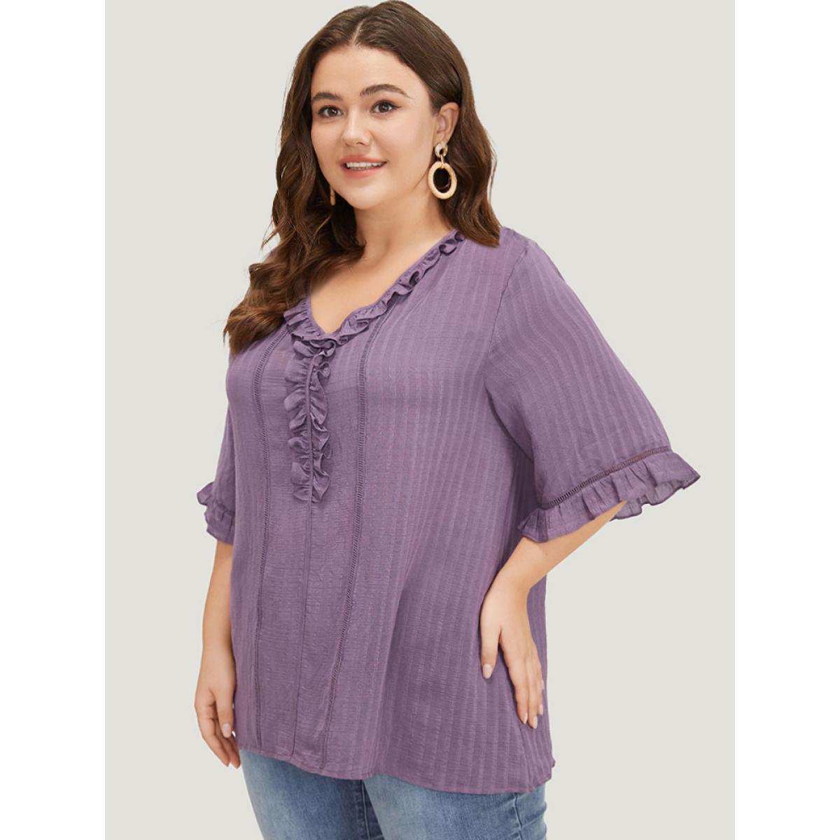 Plus Size Mauve Plain Ruffle Trim Cut Out Blouse Women Elegant Half Sleeve V-neck Dailywear Blouses BloomChic 10/M Product Image