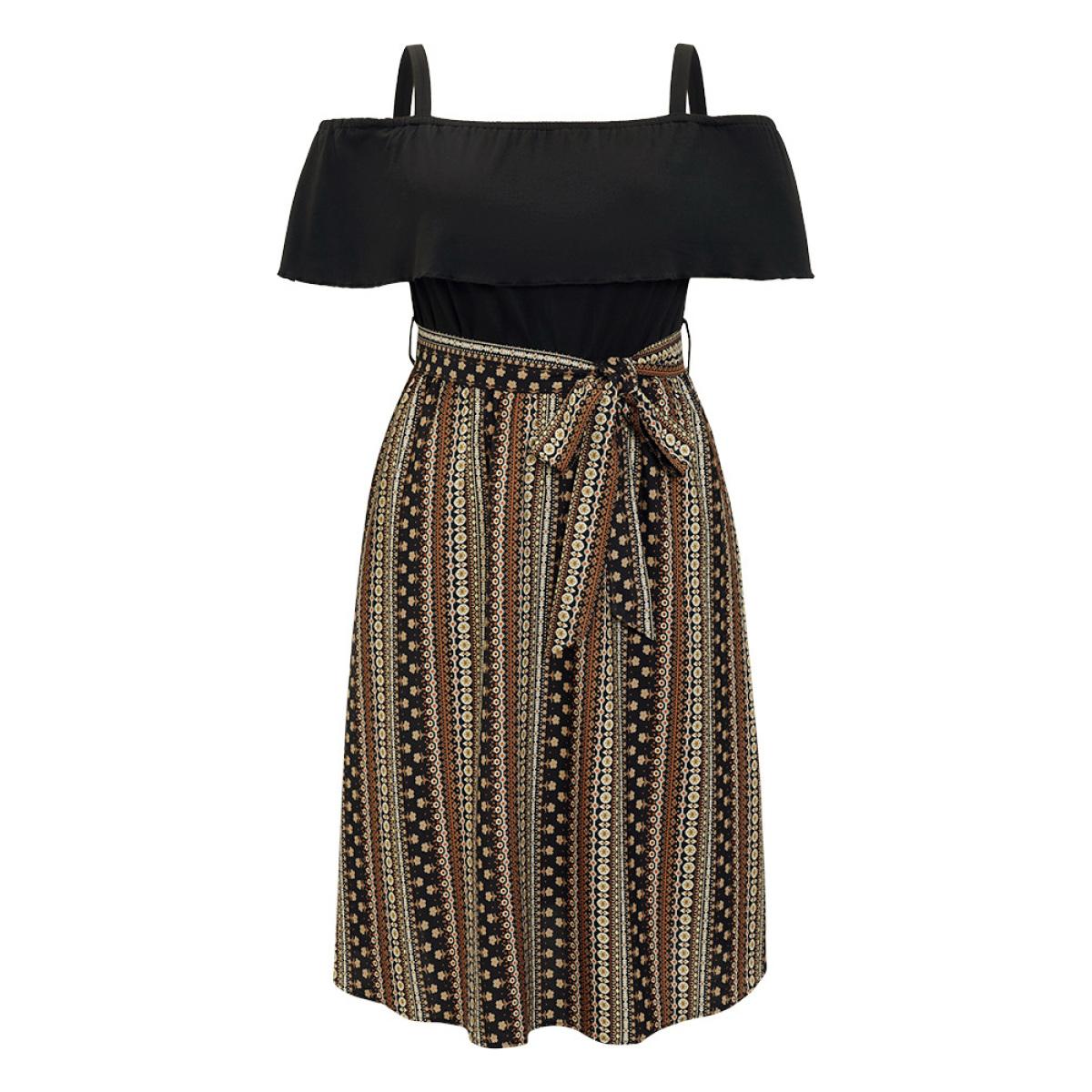 Plus Size Bandana Patchwork Flutter Pocket Belt Cold Shoulder Dress DarkBrown Women Vacation Adjustable Straps Spaghetti Strap Short sleeve Curvy Midi Dress BloomChic 14-16/1X Product Image