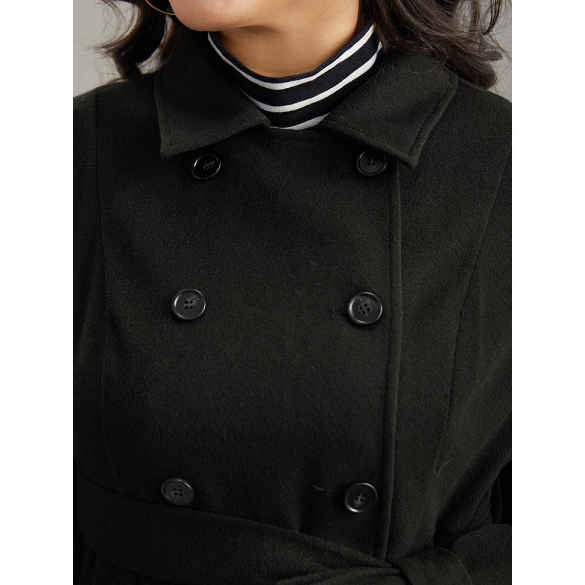 Plus Size Plain Belted Double Breasted Pocket Coat Women Black Casual Plain Ladies Dailywear Winter Coats BloomChic 26/4X Product Image
