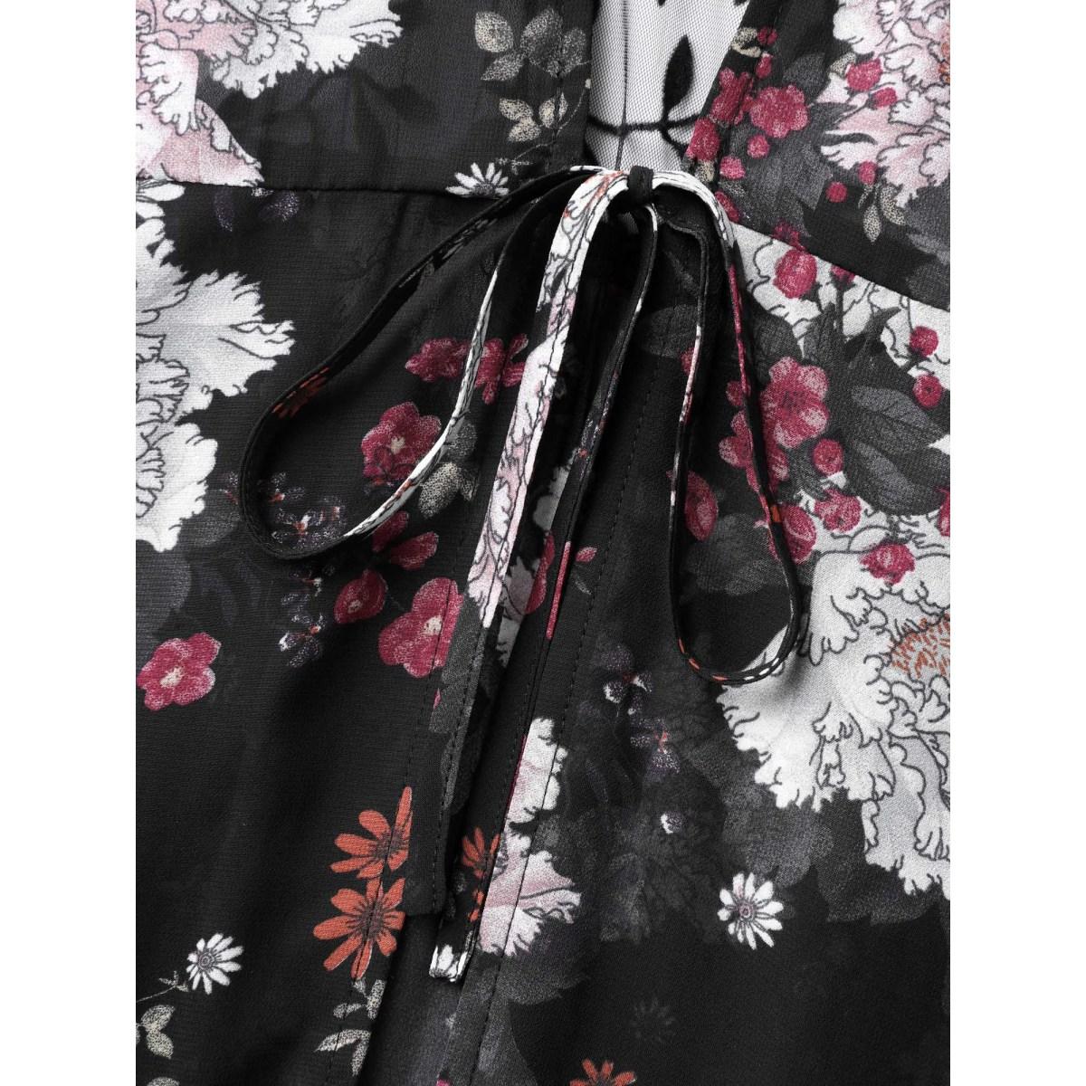 Plus Size Chiffon Floral Front Mid Tie Kimono Women Black Tie knot Bodycon Everyday-Elegant Kimonos BloomChic 18-20/2X Product Image