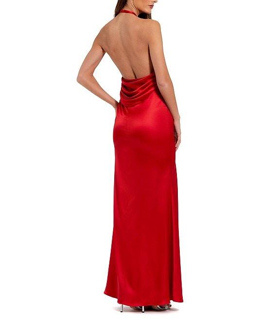 Mac Duggal Fitted Satin Halter V-Neck Sleeveless 3D Flower Open Back Sheath Dress Product Image