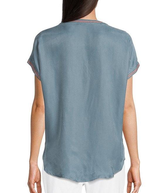 John Mark Button Up Tie Front Short Kimono Sleeve Split Round Neck Embroidered Blouse Product Image