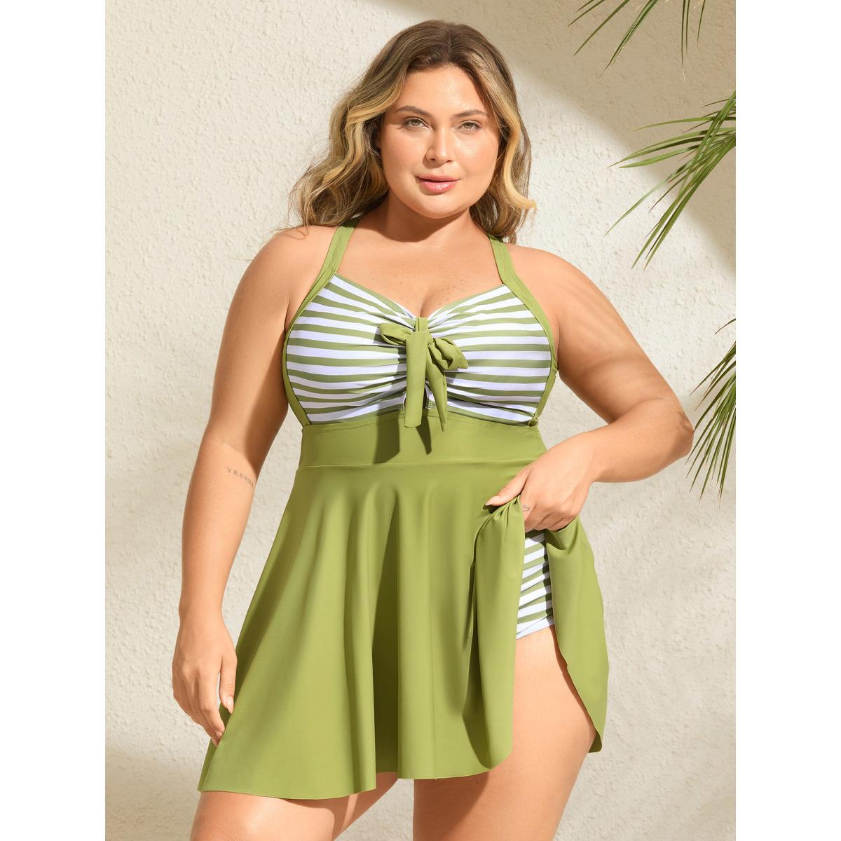 Plus Size Stripes Patchwork Tie Knot Cross Straps Swim Dress Women's Swimwear Applegreen Resort Bodycon Heart neckline High stretch Curve Swim Dresses BloomChic 14-16/1X Product Image