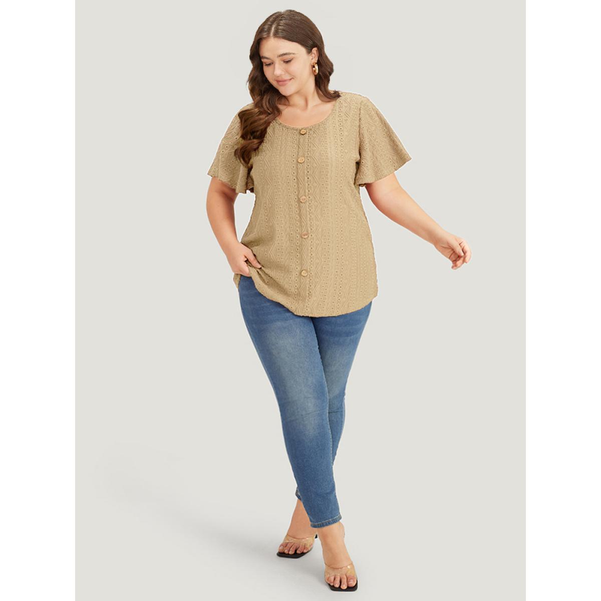 Plus Size Embroidered Button Detail Crew Neck Flutter Sleeve T-shirt Tan Women Elegant Texture Plain Round Neck Dailywear T-shirts BloomChic 18-20/2X Product Image