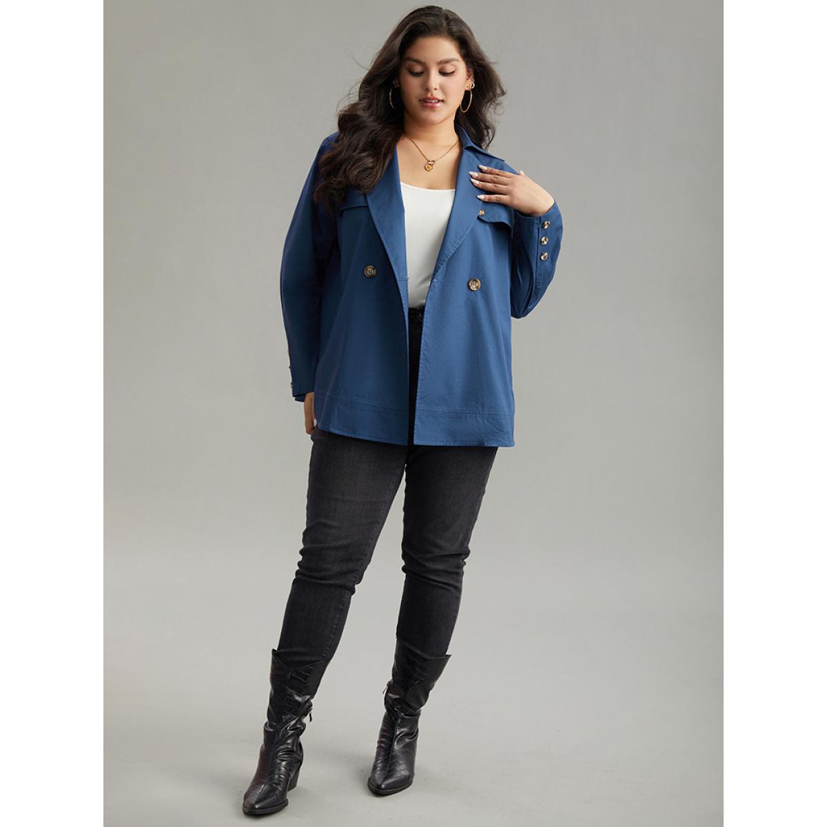 Plus Size Anti-Wrinkle Solid Pocket Button Up Windbreaker Women Blue Casual Plain Ladies Dailywear Winter Coats BloomChic 14-16/1X Product Image