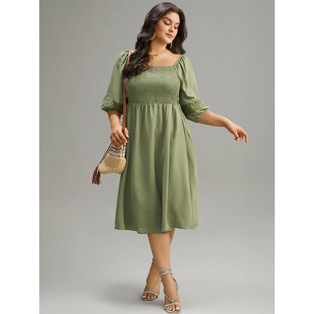 Plus Size Solid Shirred Square Neck Guipure Lace Dress Moss Women Vacation Elastic cuffs Square Neck Elbow-length sleeve Curvy Midi Dress BloomChic 22-24/3X Product Image