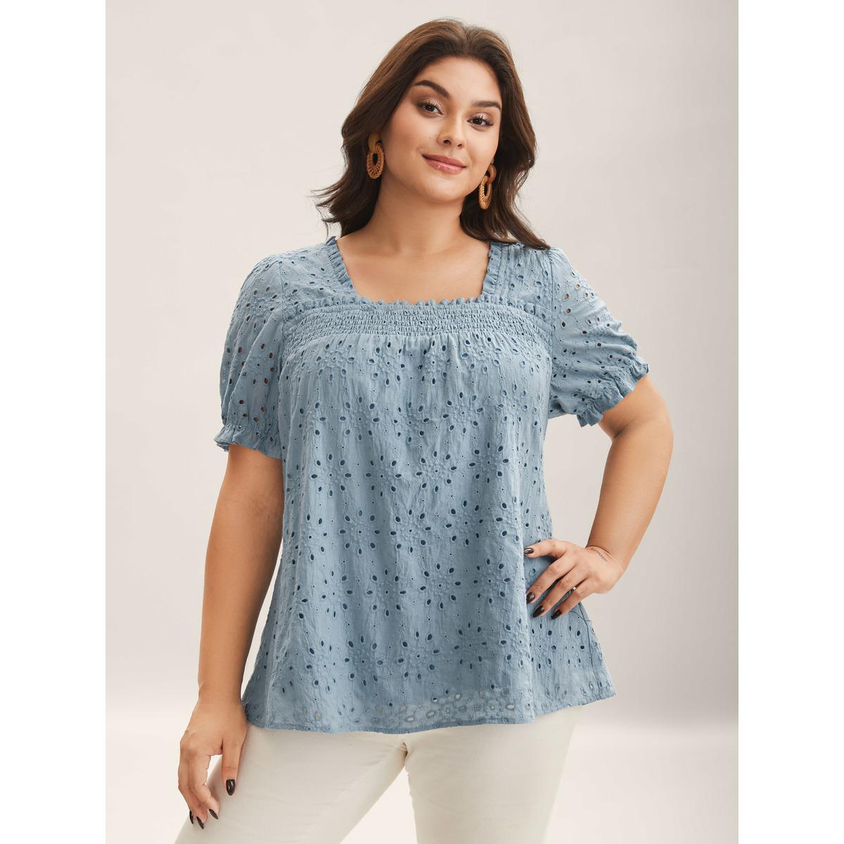 Plus Size Stone Eyelet Trim Shirred Neck Puffy Sleeve Blouse Women Short sleeve Square Neck Vacation Blouses BloomChic 26/4X Product Image