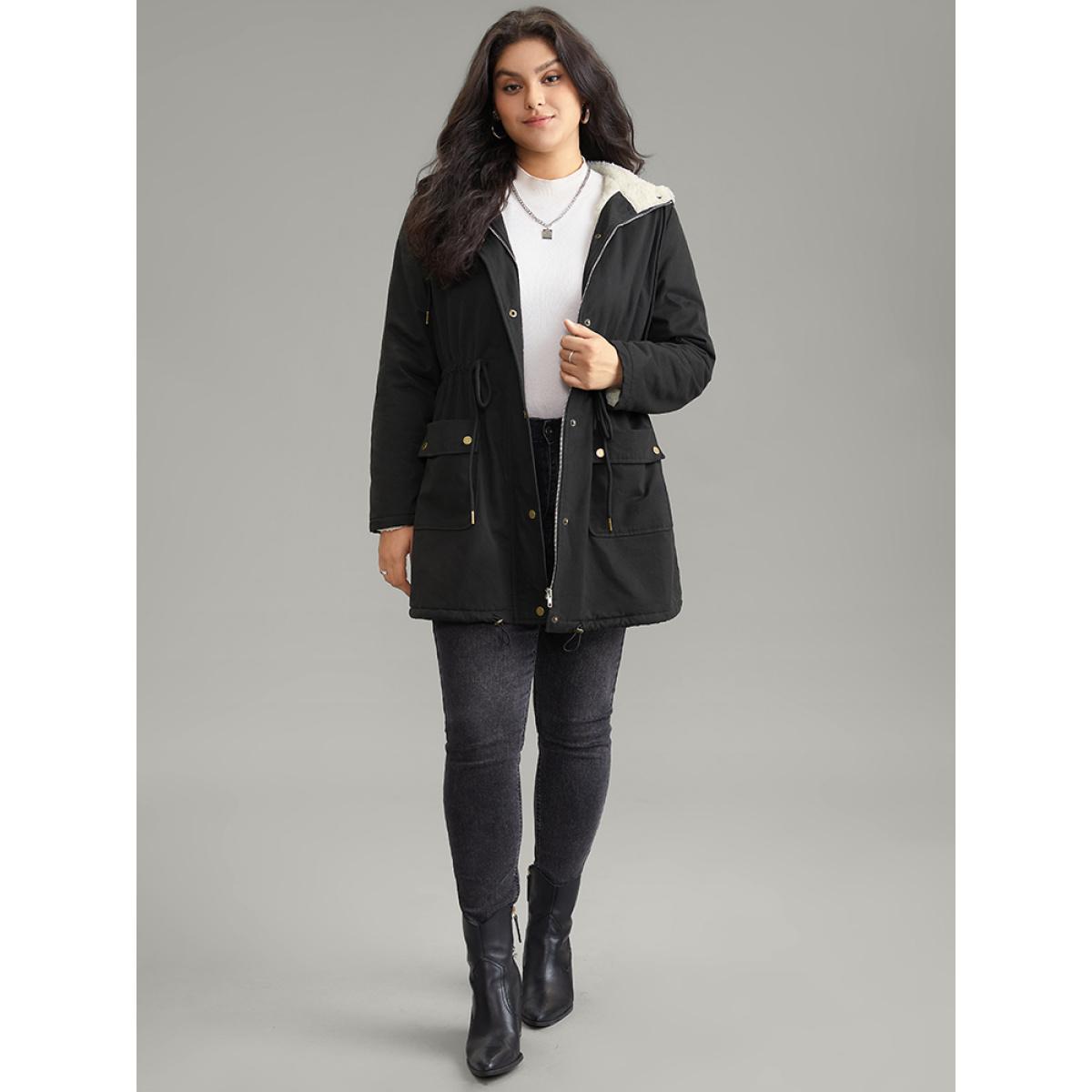 Plus Size Patchwork Drawstring Fuzzy Trim Hooded Zipper Coat Women Black Casual Lined Ladies Dailywear Winter Coats BloomChic 14-16/1X Product Image