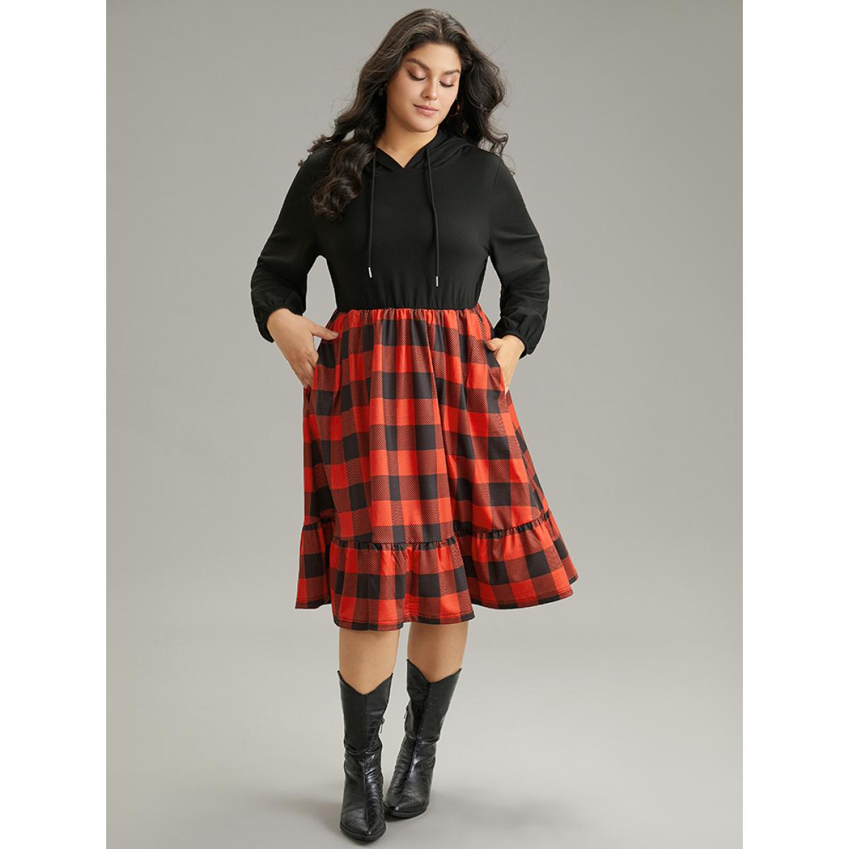 Plus Size Plaid Patchwork Ruffle Hem Hooded Lantern Sleeve Dress Black Women Casual Elastic cuffs Hooded Long Sleeve Curvy Midi Dress BloomChic 18-20/2X Product Image