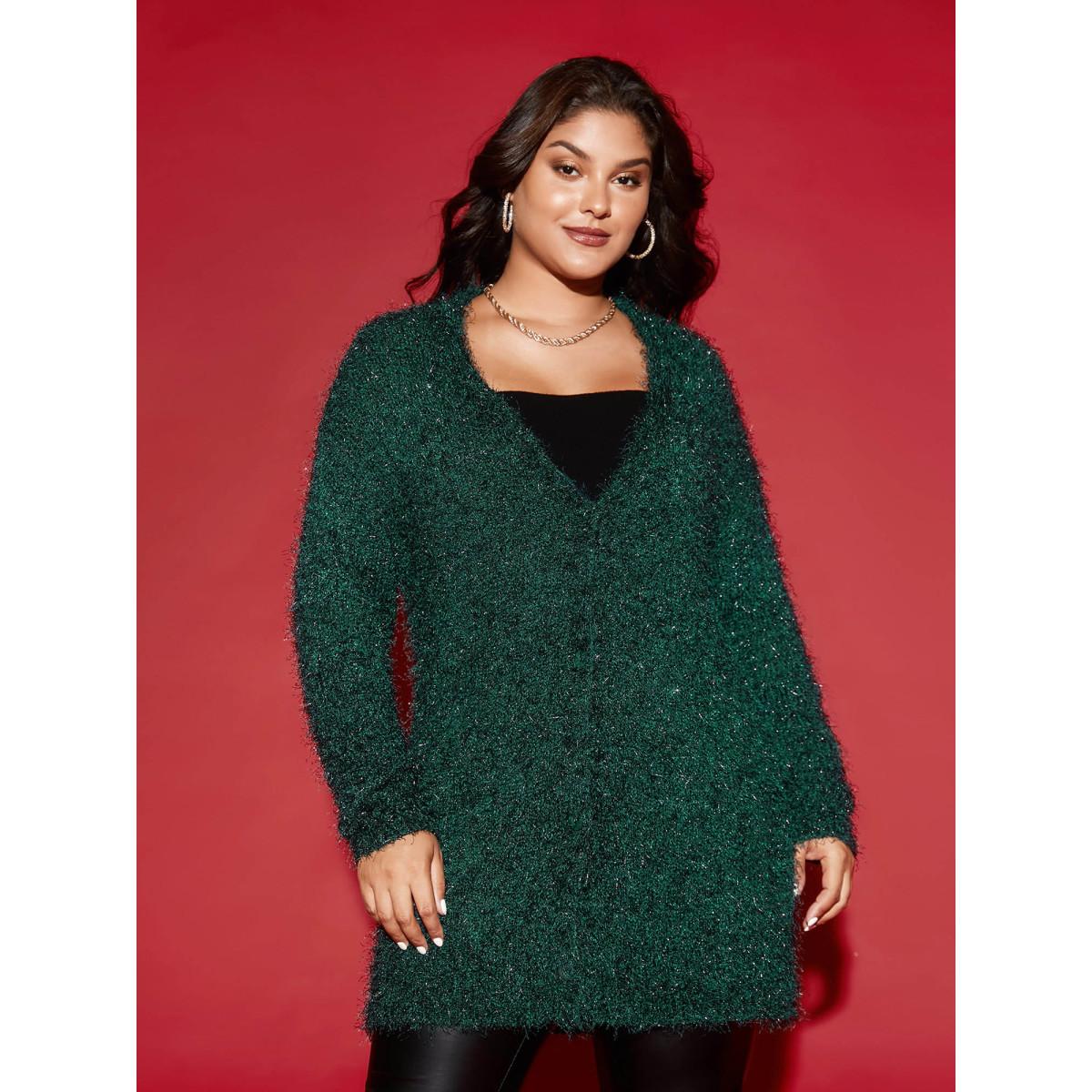 Plus Size Shimmery V-neck Button-Front Cardigan DarkGreen Women Cocktail Loose Long Sleeve Party Cardigans BloomChic 28/5X Product Image