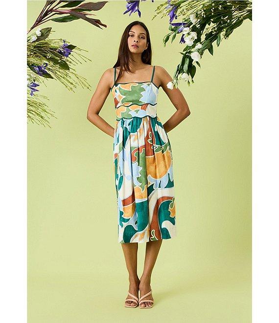 Donna Morgan Poplin Multi Print Square Neck Sleeveless Scalloped Trim Midi Dress Product Image