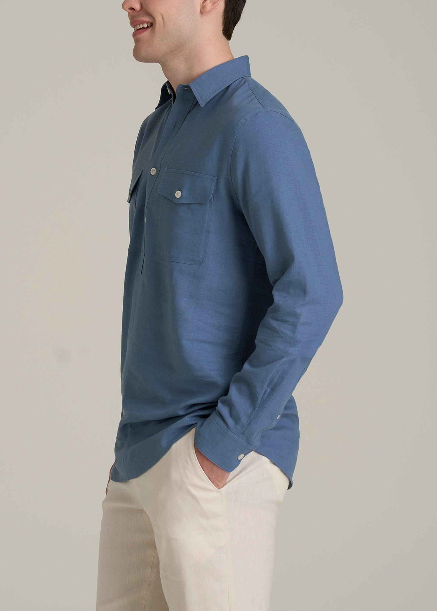 Linen Popover Shirt for Tall Men in Deep Cobalt Male Product Image