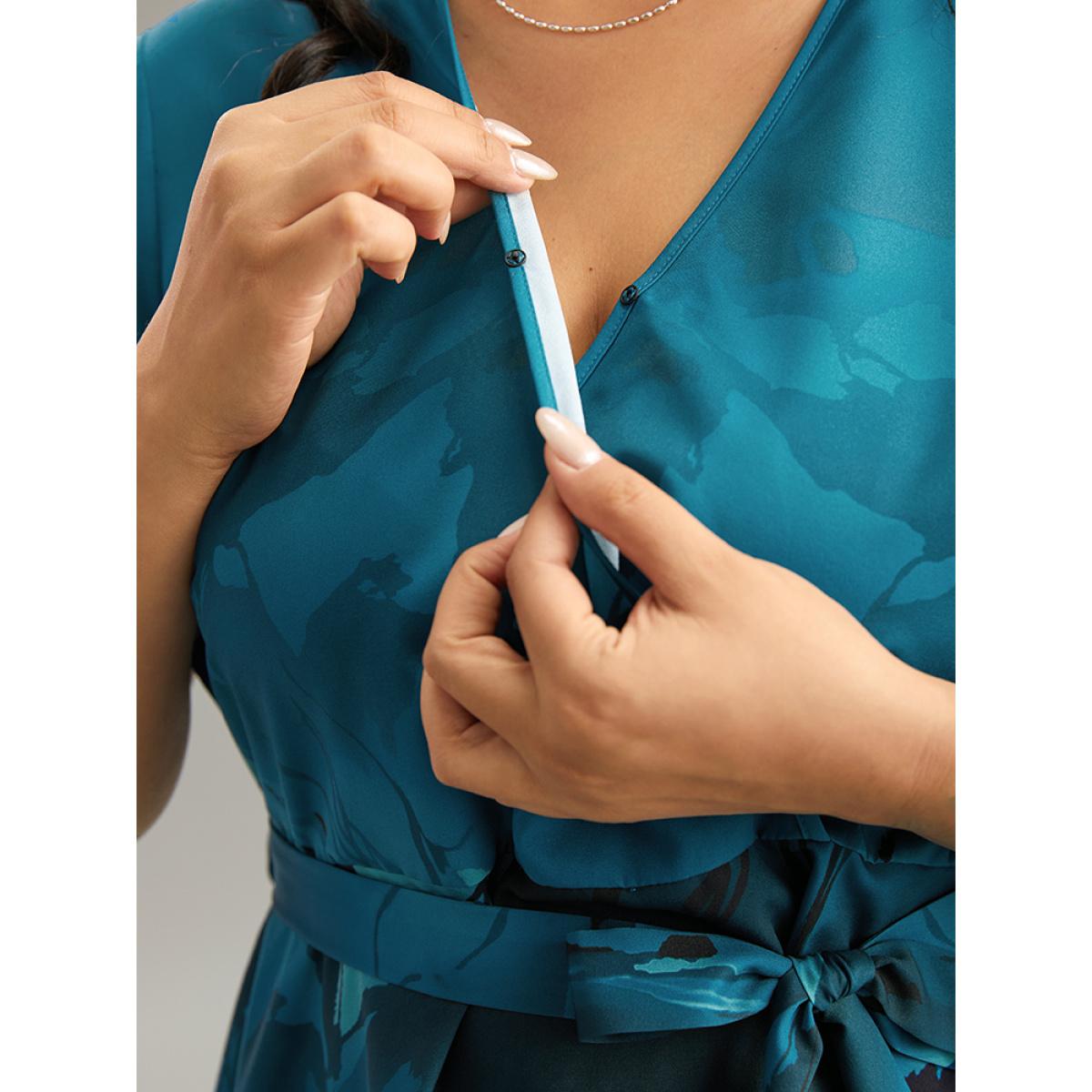 Plus Size Aegean Boho Print Wrap Ruffle Sleeve Blouse Women Elegant Short sleeve V-neck Dailywear Blouses BloomChic 12/L Product Image