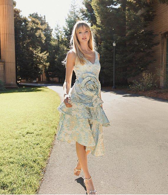 Mac Duggal V-Neck Rose Applique Detail Asymmetrical Drop Waist Ruffle Hem Midi Dress Product Image