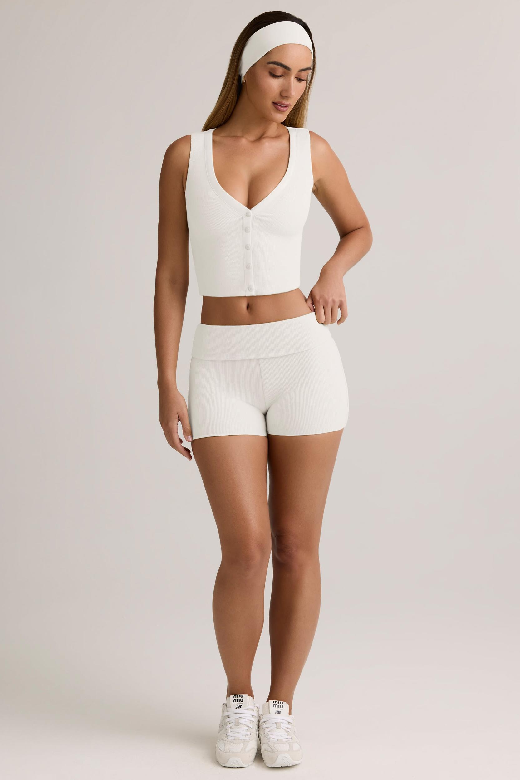 Modal Ribbed Mid-Rise Foldover Shorts in White Product Image