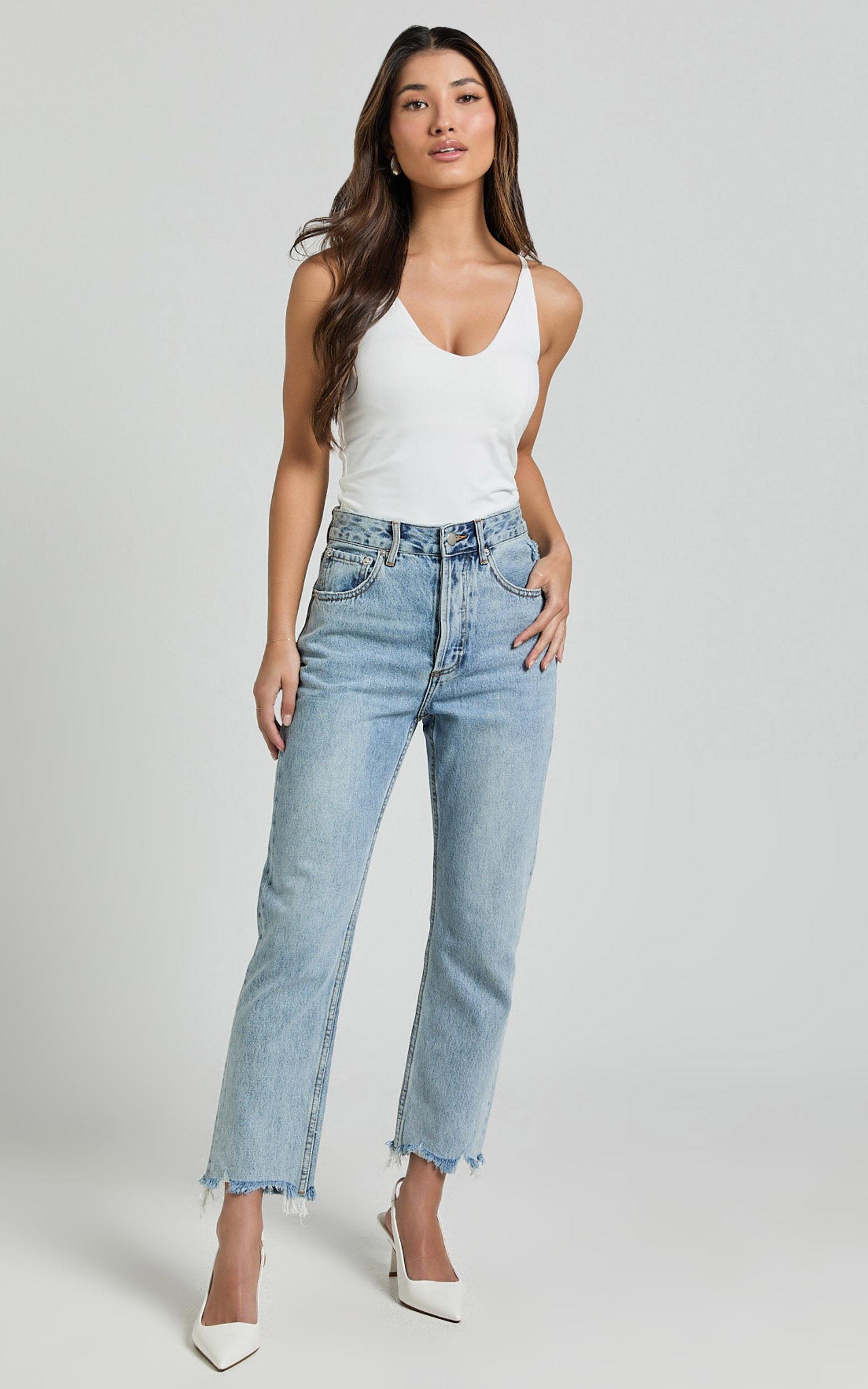 Zelrio Jeans - High Waisted Recycled Cotton Cropped Denim Jeans in Mid Blue Wash Product Image
