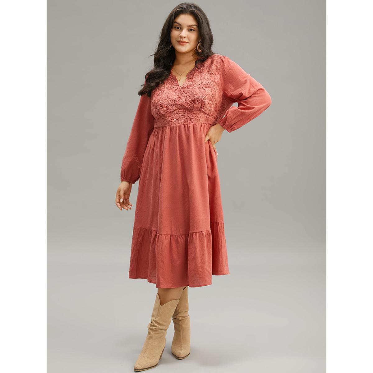 Plus Size Solid Lace Panel Wrap Patchwork Dress Rust Women Vacation Elastic cuffs V-neck Long Sleeve Curvy Midi Dress BloomChic 14-16/1X Product Image