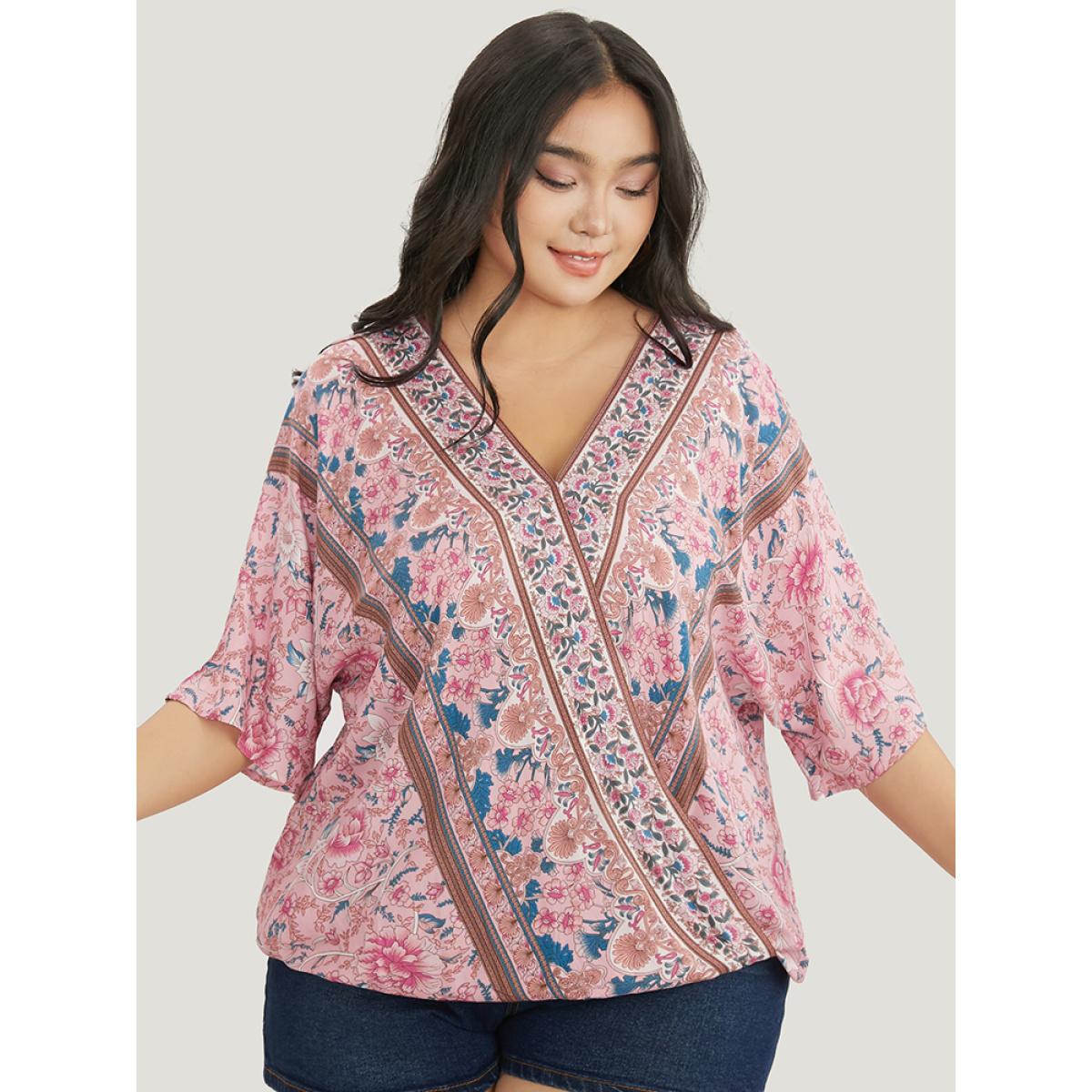 Plus Size Pink Floral Print Surplice Neck Blouse Women Vacation Half Sleeve V-neck Dailywear Blouses BloomChic 30/6X Product Image