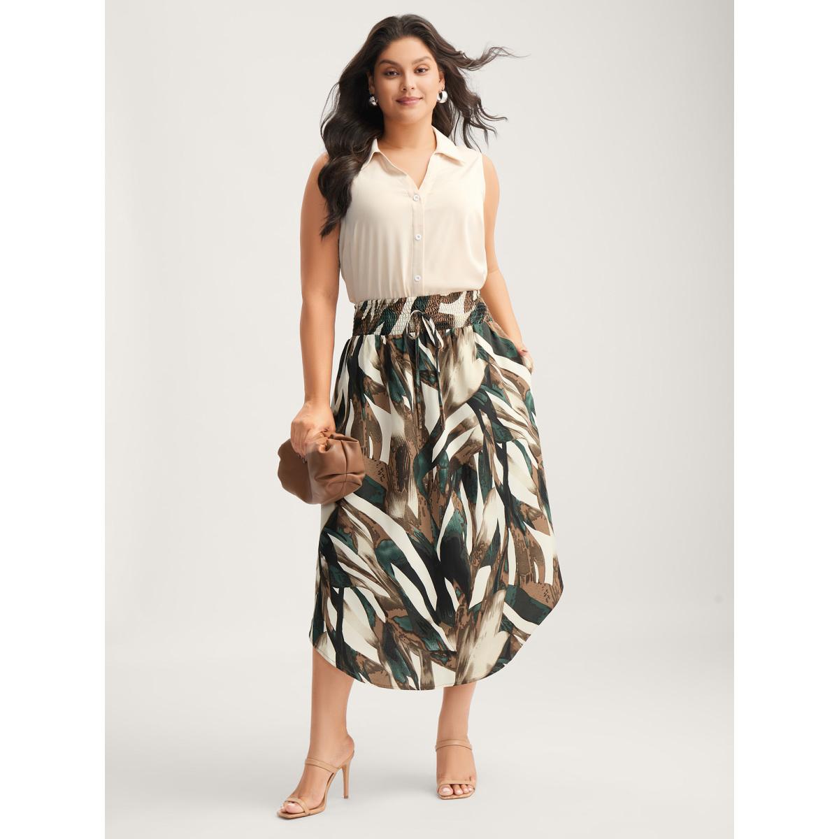 Plus Size Brushstroke Print Stretchy Waist Midi Skirt Women Apricot Office No stretch Side seam pocket Office Skirts BloomChic 12/L Product Image