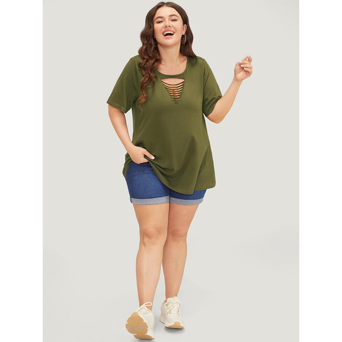 Plus Size Plain Cut Out Short Sleeve T-shirt ArmyGreen Women Casual Cut-Out Plain Round Neck Dailywear T-shirts BloomChic 12/L Product Image