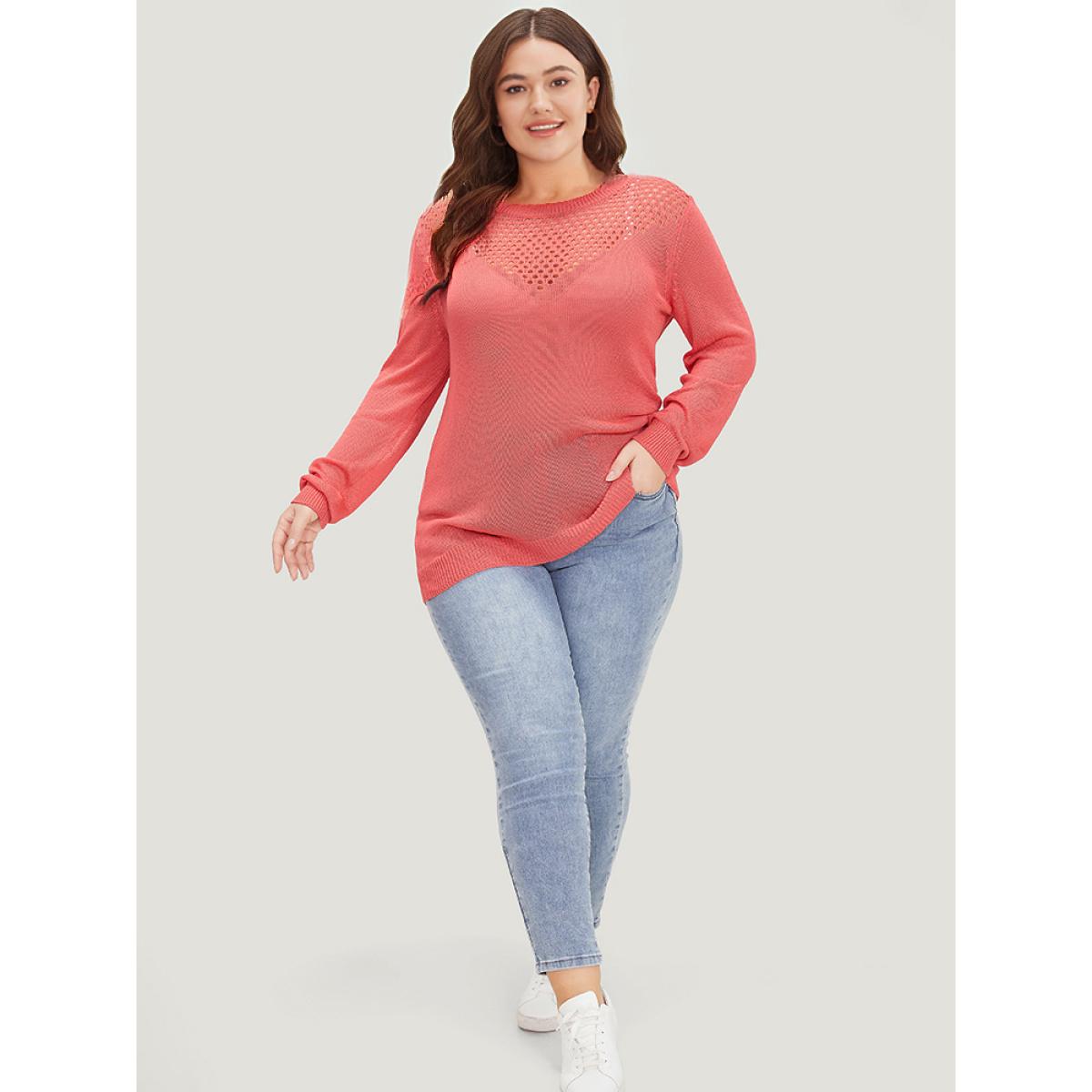 Plus Size Plain Patchwork Cut Out Round Neck Pullover Watermelon Women Casual Bodycon Long Sleeve Round Neck Everyday Pullovers BloomChic 22-24/3X Product Image
